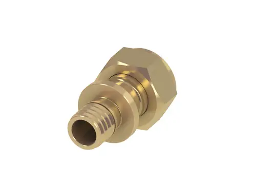 TECE-Verschraubung aus Siliziumbronze mit einem mittleren Gewinde und flachdichtender Konstruktion, zur Verbindung von Rohren in technischen Anwendungen.